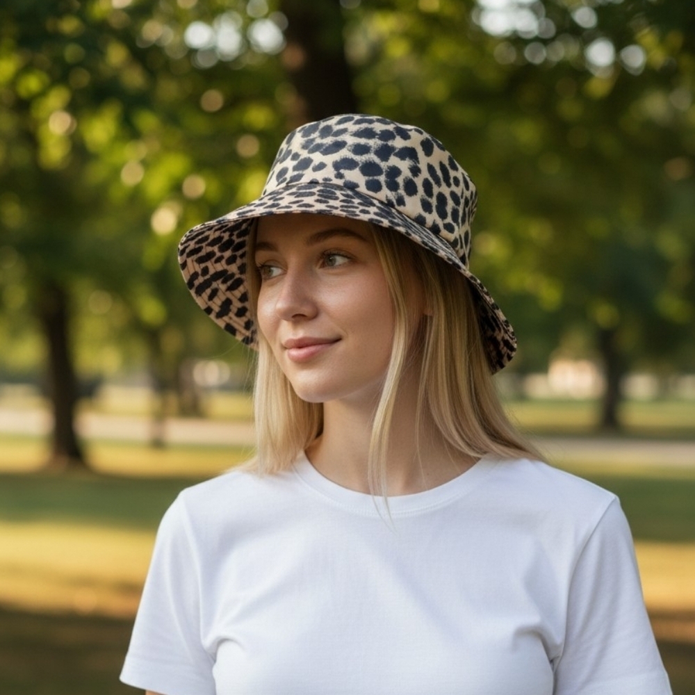 totes Leopard Print Bucket Hat in Black and Cream